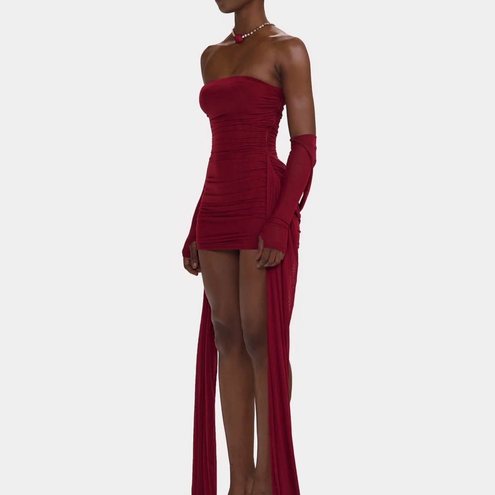 Red Strapless Bodycon Dress with Dramatic Train